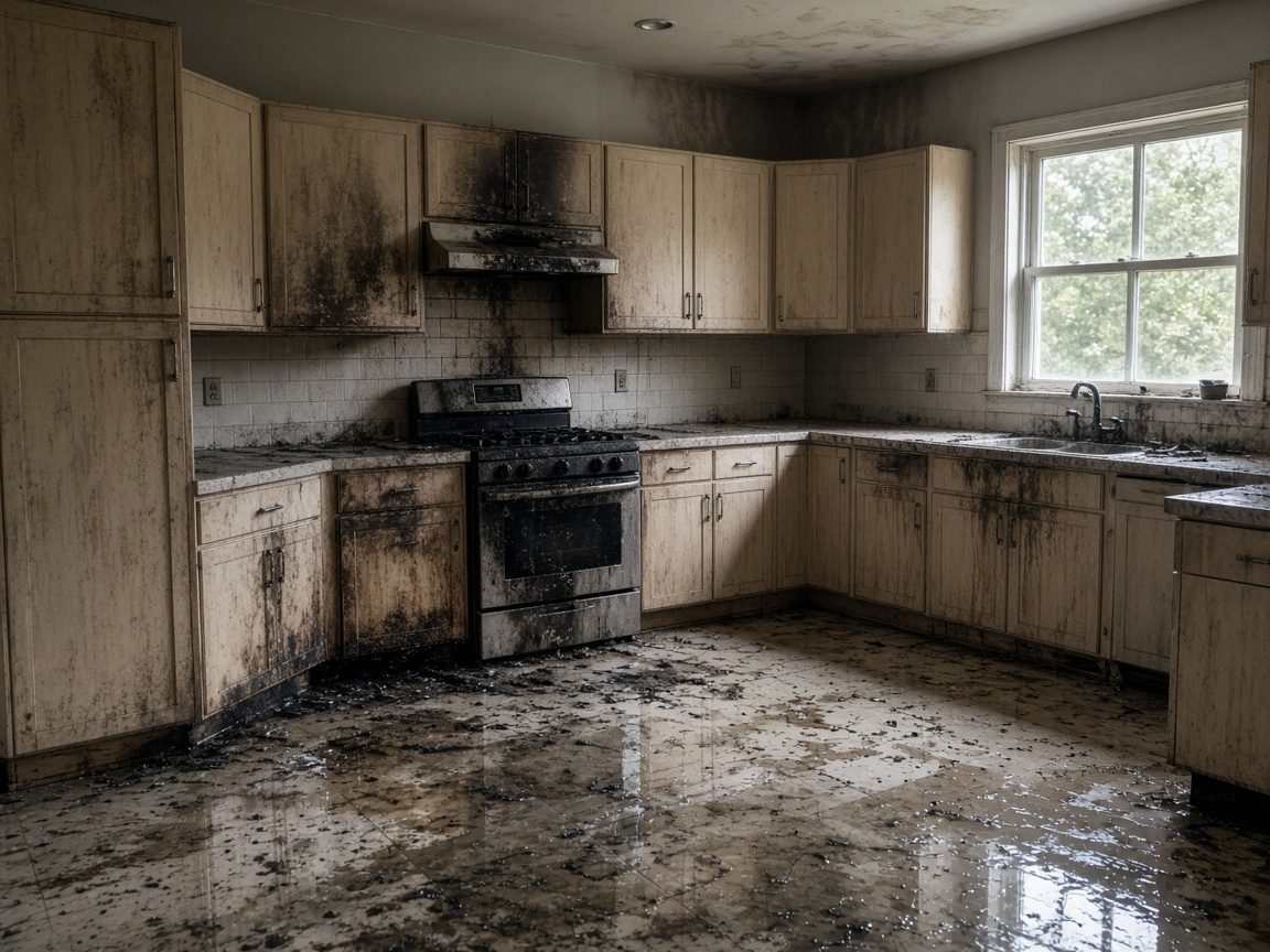 Kitchen floor covered in dirty water and debris after firefighting